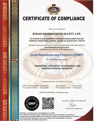 Good Manufacturing Practices Certificate by Rydan Pharmaceuticals Pvt Ltd.