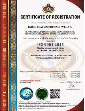 ISO certificate Rydan Pharmaceuticals Pvt Ltd.